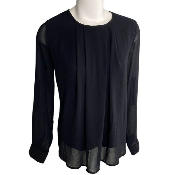 Another Story Tunic Blouse Top Women's MEDIUM Black Sheer Overlay Roll-Tab Scoop - Picture 6 of 10